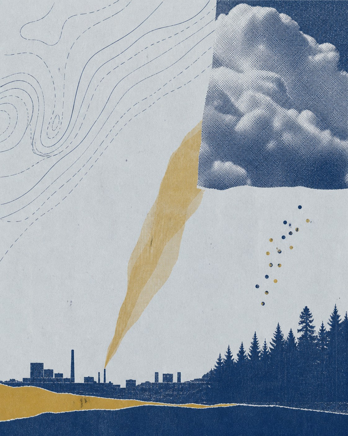 Editorial illustration connecting urban emissions, forests, atmospheric transport, and clouds.